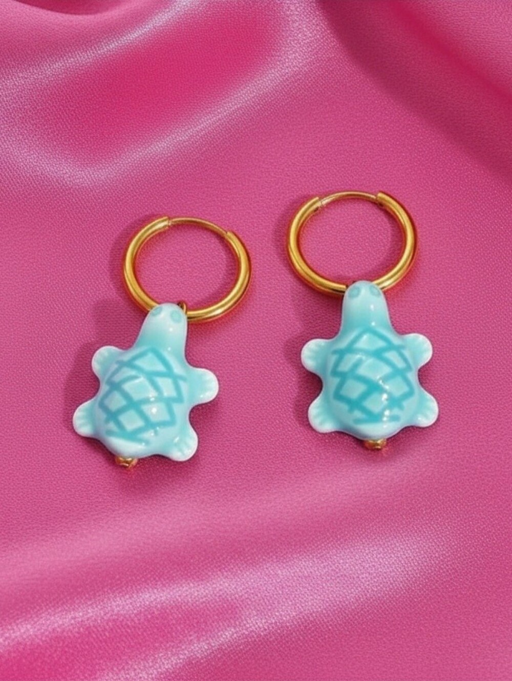 Gold‎ Hoop Earrings with Ceramic Mint Turtle Charms
